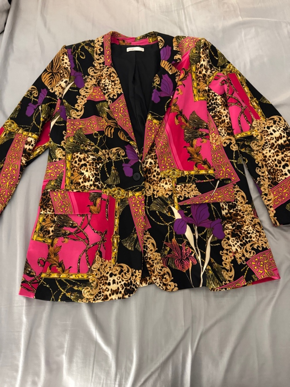 Leopard & Baroque Print Blazer Jacket - Black, Fuchsia & Purple